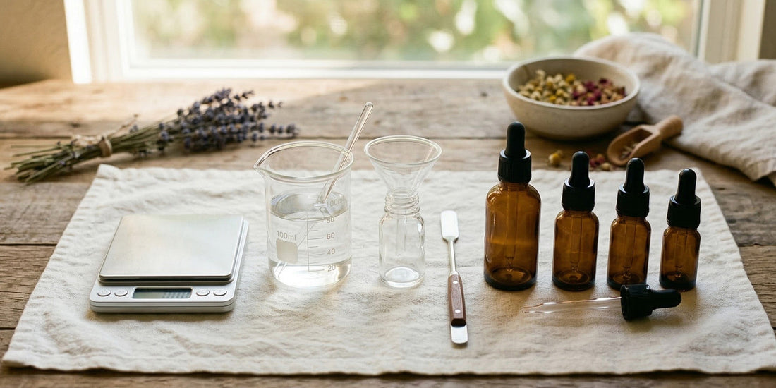 Beverage preparation setup with bottles, glasses, and tools on a wooden surface.