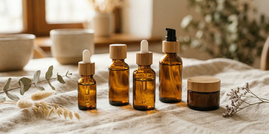 Set of brown glass bottles with droppers and a jar on a light fabric surface.