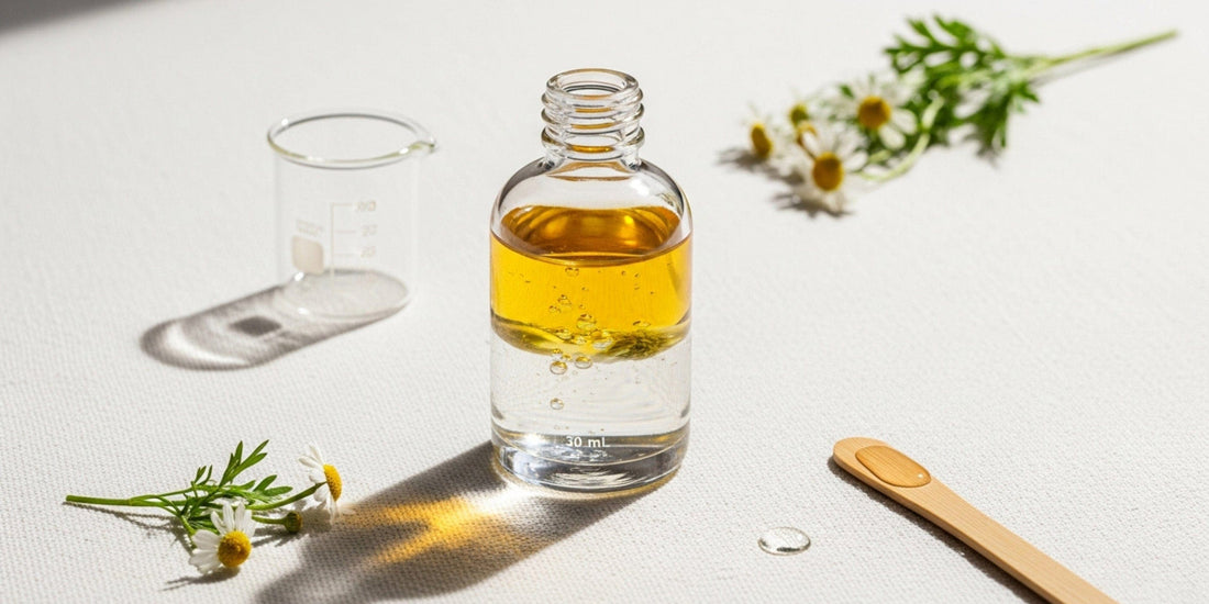 Glass bottle with yellow liquid on a white surface with flowers and a dropper.