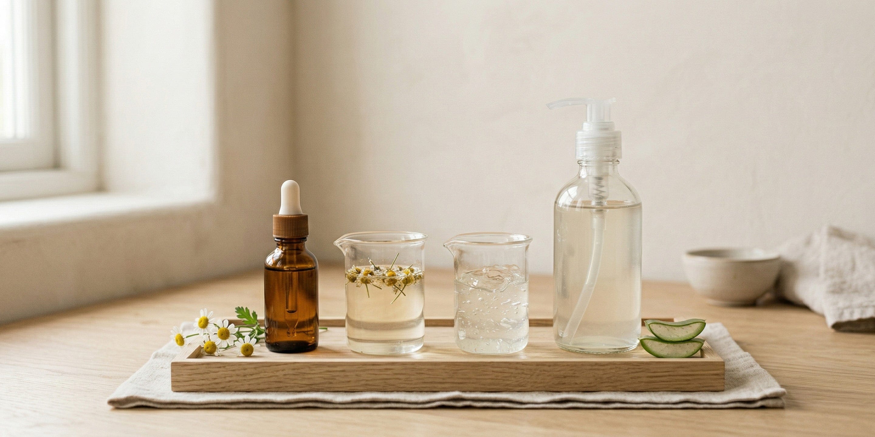 Herbal liquid with a glass of gel on a wooden tray, with a neutral background.