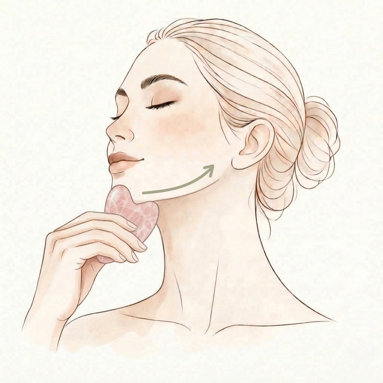 Illustration of a woman touching her jawline with a pink gua sha on a light beige background.