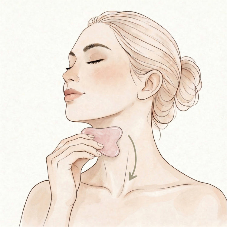 Illustration of a woman touching her neck with a pink gua sha on a light beige background.