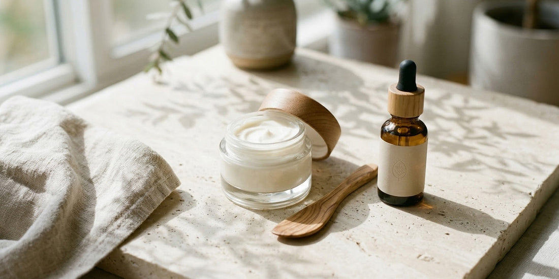 Skincare products including a jar, dropper bottle, and wooden spoon on a wooden surface.