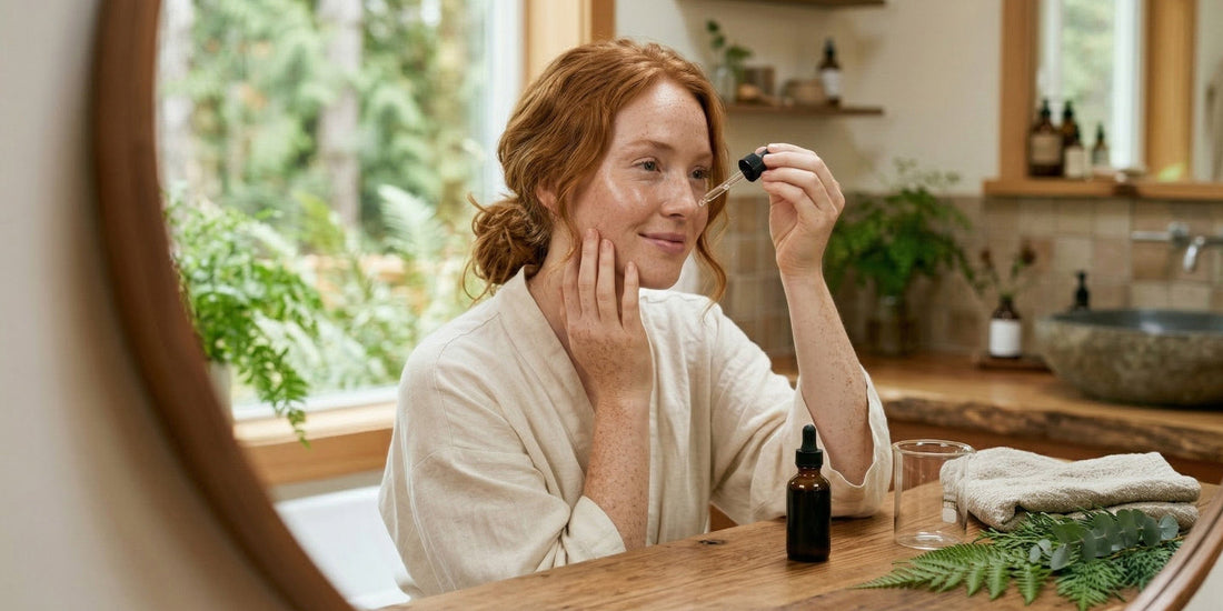 Woman applying skincare product in a bathroom setting.