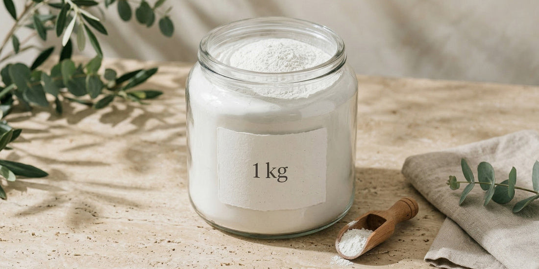 Jar of clay with a label indicating 1 kg, placed on a wooden surface with greenery.