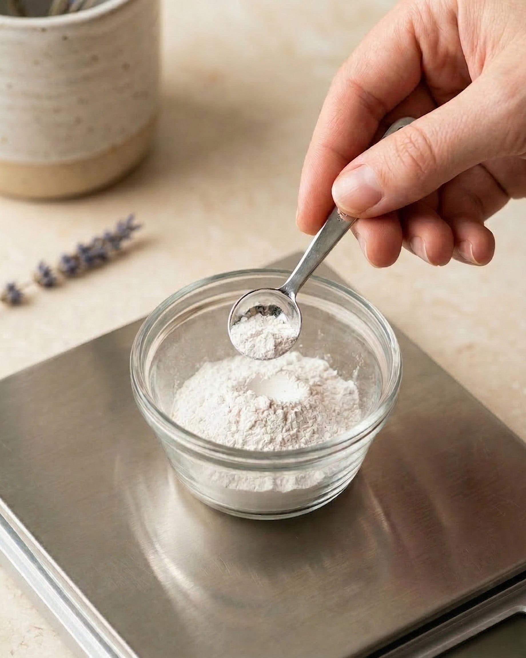 Hand measuring clay into a glass bowl with a spoon on a kitchen scale.
