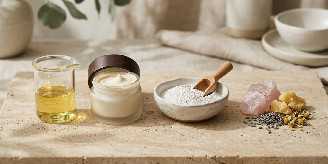 Cosmetic products including cream, oil, and a bowl of powder on a wooden table with natural elements.