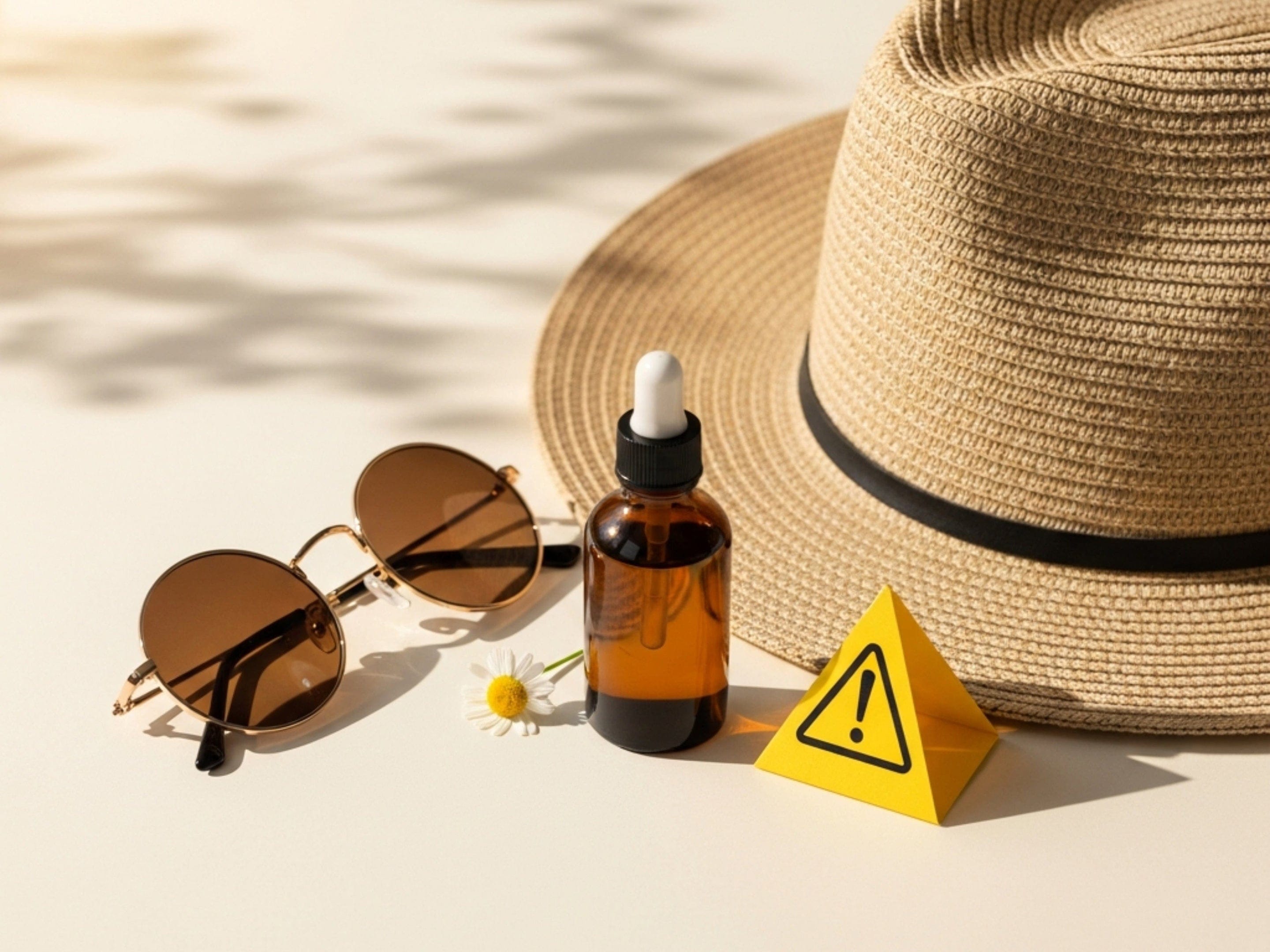 Sunglasses, bottle with dropper, straw hat, and warning triangle on a light background.